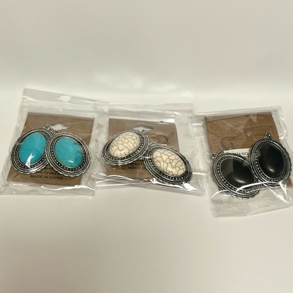 WOMEN’S Vintage Oval Cabochon Semiprecious Metal Earrings Silvertone - Picture 14 of 14